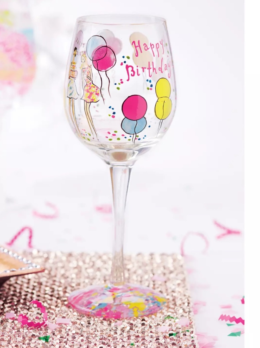 NEW IN BOX Lilly Pulitzer Handpainted Birthday Wine Glass in Pink, Yellow, Blue